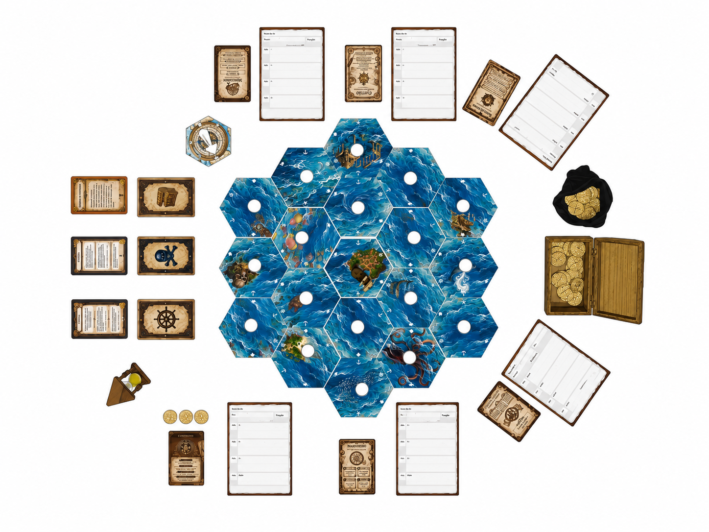 Mesa do board game Náutico 360 montada com tabuleiro, cartas e peças