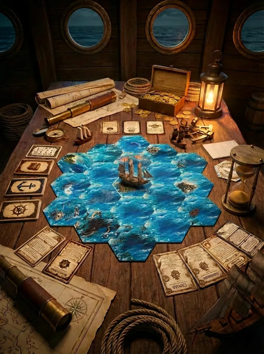 Tabuleiro do Náutico 360 em uma mesa com cartas, navio e instrumentos de navegação