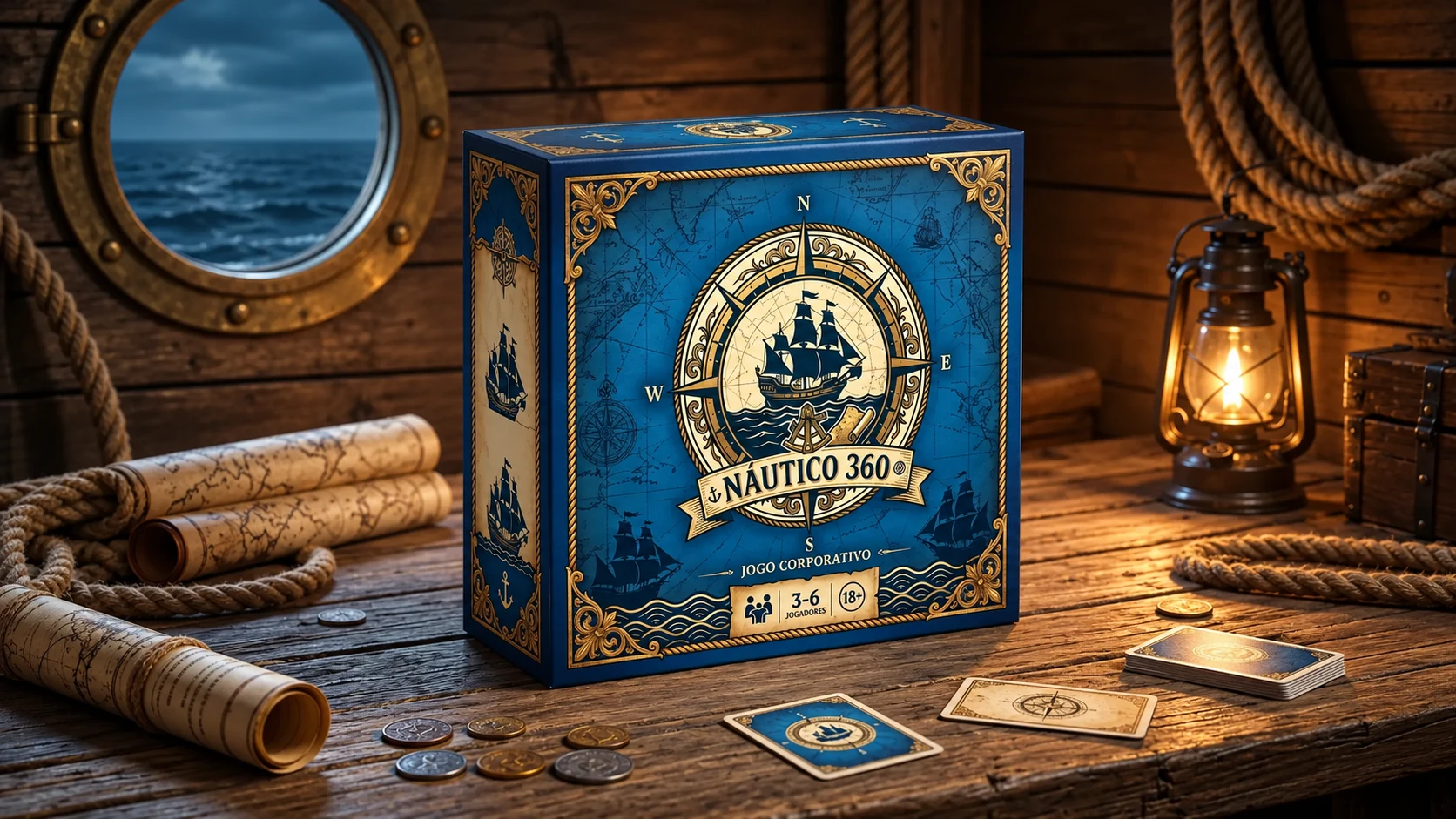 Imagem oficial de apresentação da caixa azul e dourada do jogo corporativo Náutico 360.