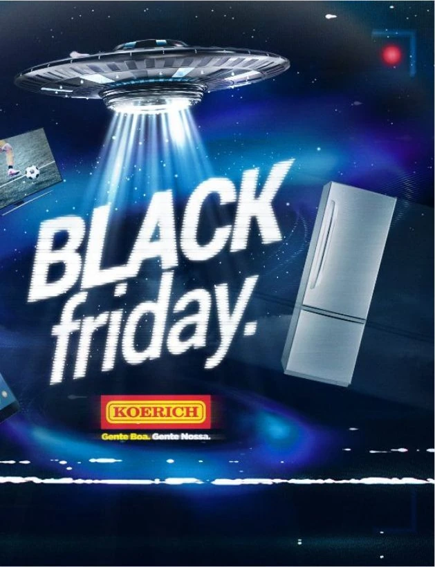 Arte da Black Friday Koerich com disco voador, facho de luz azul e eletrodomésticos.