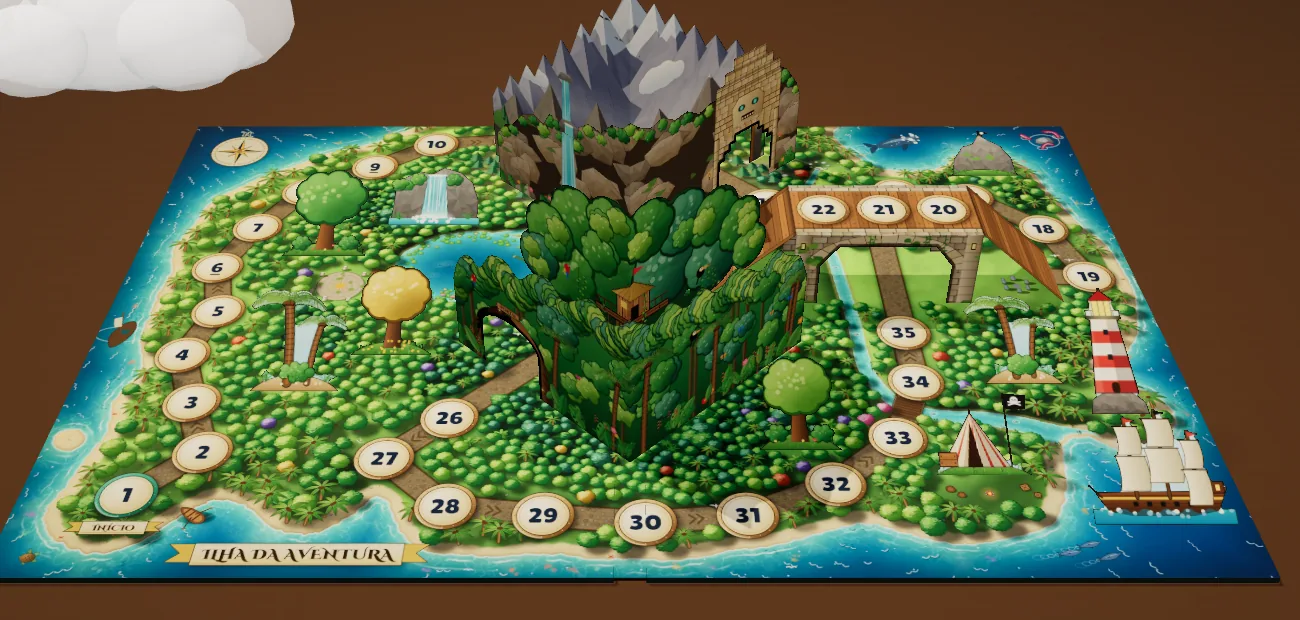 Tabuleiro pop-up Ilha da Aventura em 3D, com picos, bosque, templo, ponte e farol.